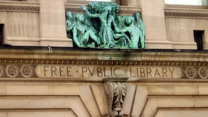 Sculpture above entrance to Newark Public Library on Washington Street