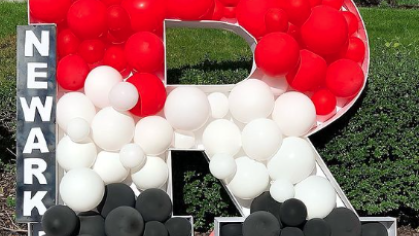 block R in red white black balloons